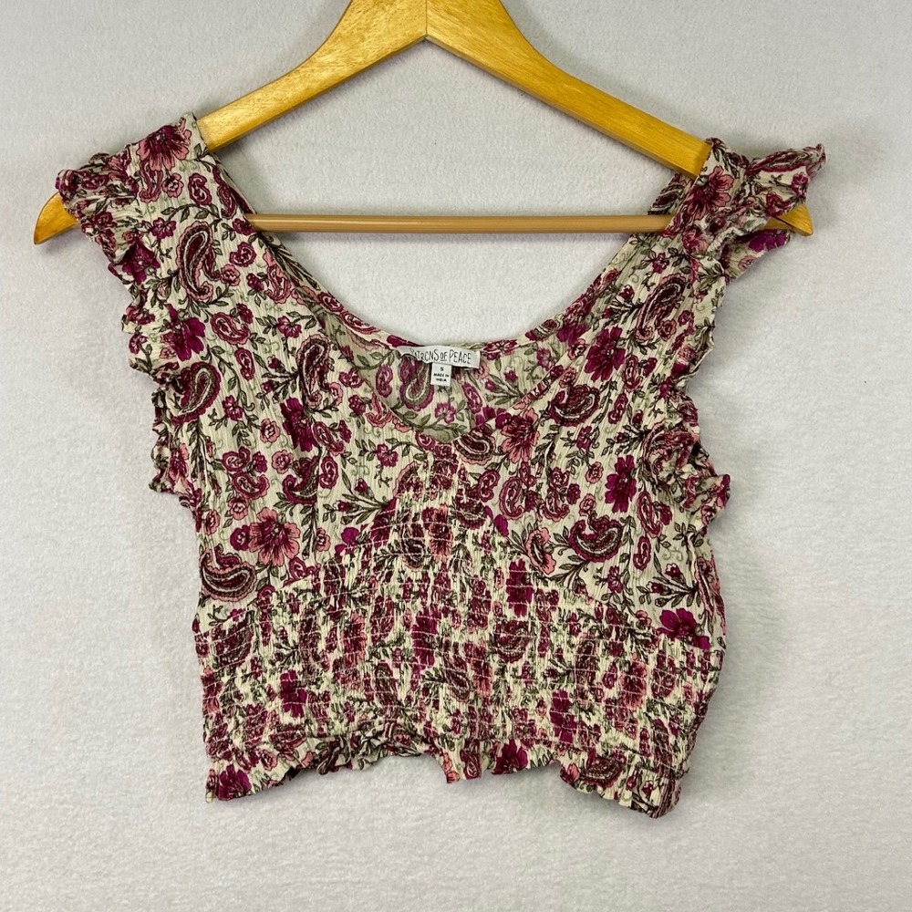 Patrons of Peace‎ Paisley Smocked Crop Top Ruffle Cap Sleeve Cream Pink S